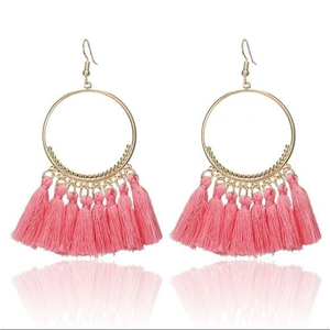 Pink Tassel‎ Hoop Earrings